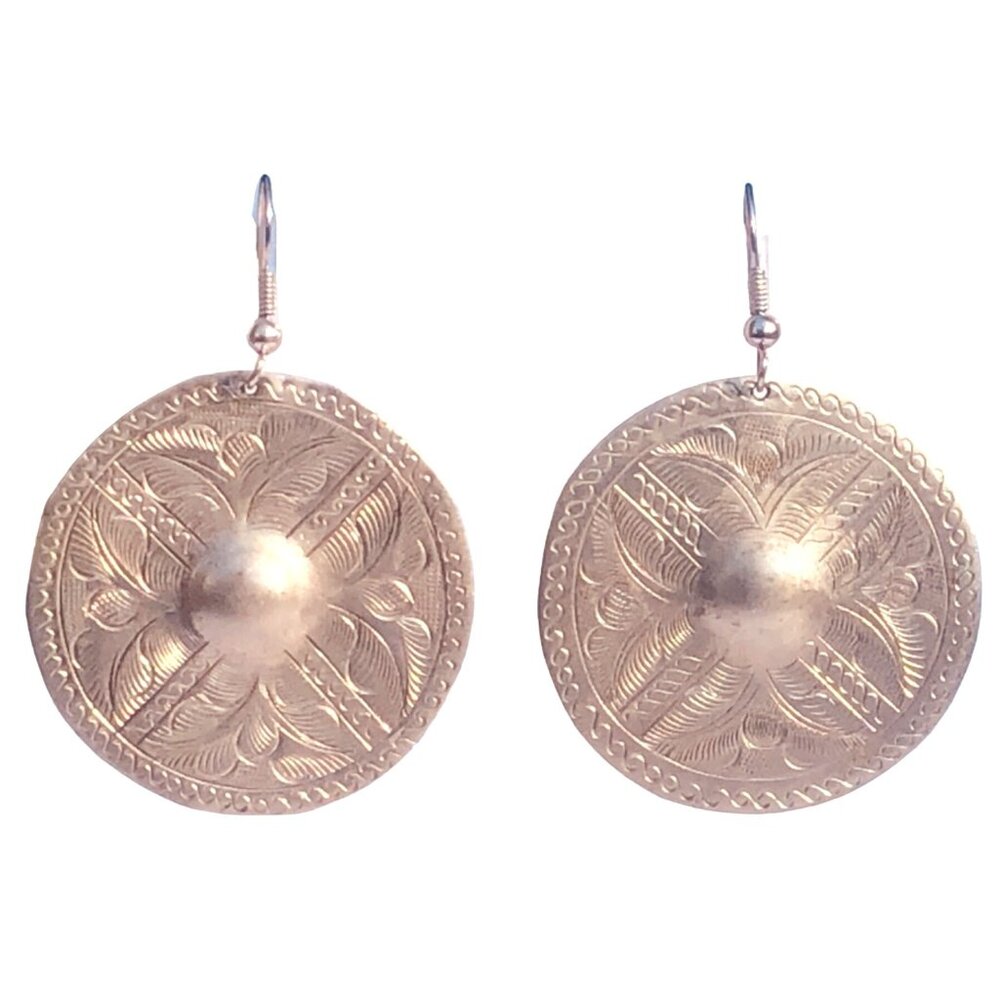 Vintage Tooled Silver Tone Sombrero Disc Earrings Southwestern Western